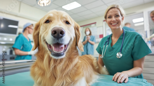 Happy Golden Retriever at Veterinary Clinic With Smiling Veterinarian and Staff Providing Care photo