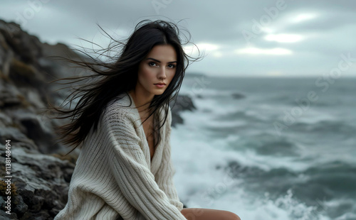 Countryside fashion: elegant autumn wind by the sea photo