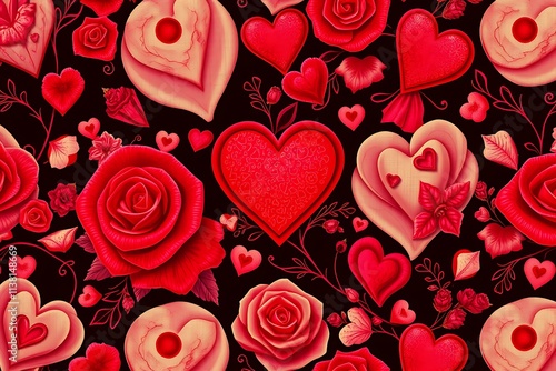 Romantic Roses and Hearts Seamless Pattern: A captivating, vintage-inspired pattern featuring delicate roses and hearts in shades of red and pink, creating a romantic and enchanting atmosphere.