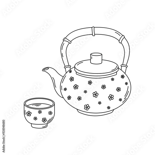Vector Japanese tea set, cup, and teapot with floral ornament on white background. Hand drawn set of illustrations