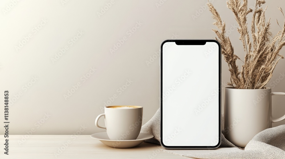 Modern Smartphone with White Screen and Coffee Cup Modern Smartphone with White Screen and Coffee Cup