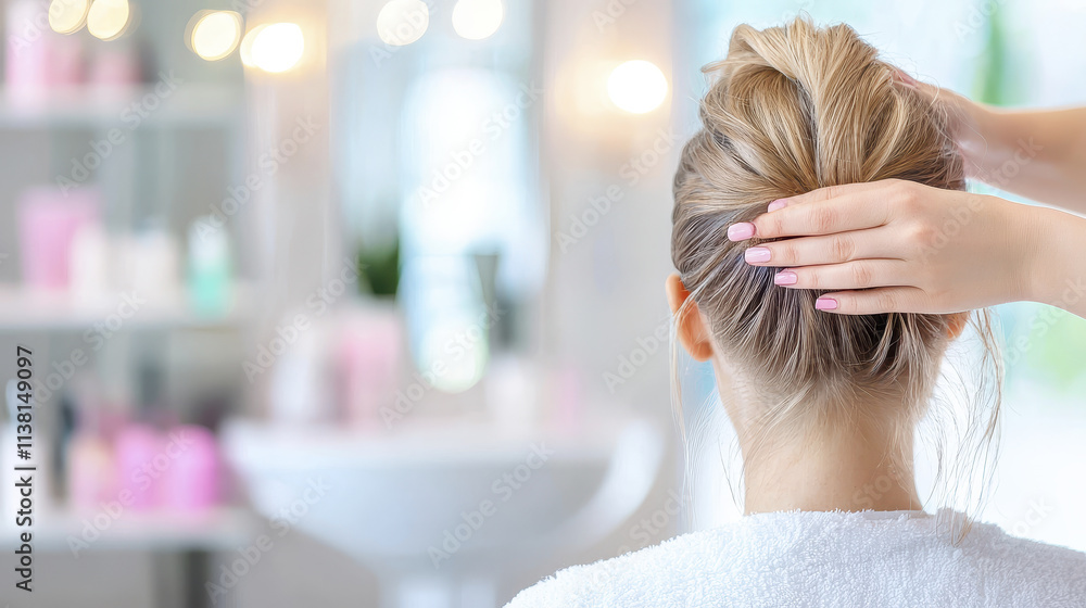 Fototapeta premium girl with stylish updo hairstyle is receiving hair treatment in salon. soft lighting and blurred background create relaxing atmosphere, enhancing beauty experience