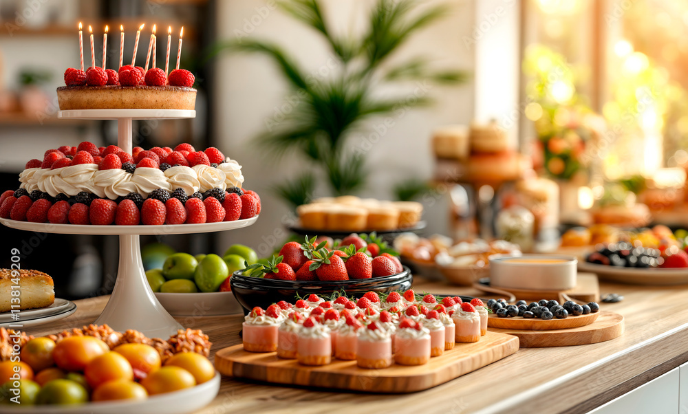 Vibrant assortment of birthday cakes and confectionery at a children's Birthday party on a bright day at home Vibrant assortment of birthday cakes and confectionery at a children's Birthday party on a bright day at home