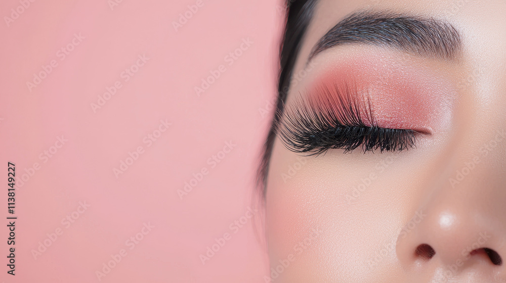 Glamorous woman with long eyelashes and soft pink makeup on pastel background. beauty look highlights elegance and sophistication, perfect for fashion and beauty themes Glamorous woman with long eyelashes and soft pink makeup on pastel background. beauty look highlights elegance and sophistication, perfect for fashion and beauty themes