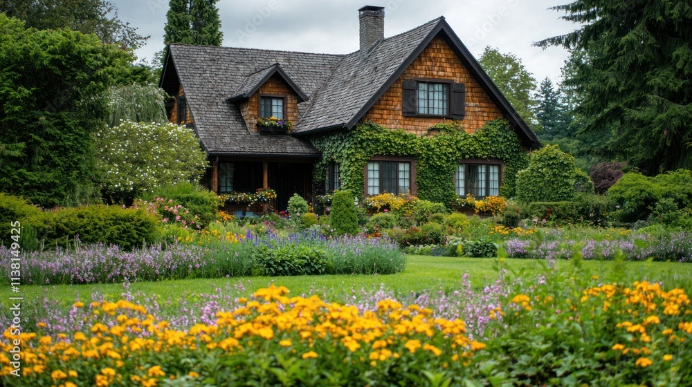 A charming farmhouse nestled in the heart of farmland with flowers blooming in the garden A charming farmhouse nestled in the heart of farmland with flowers blooming in the garden
