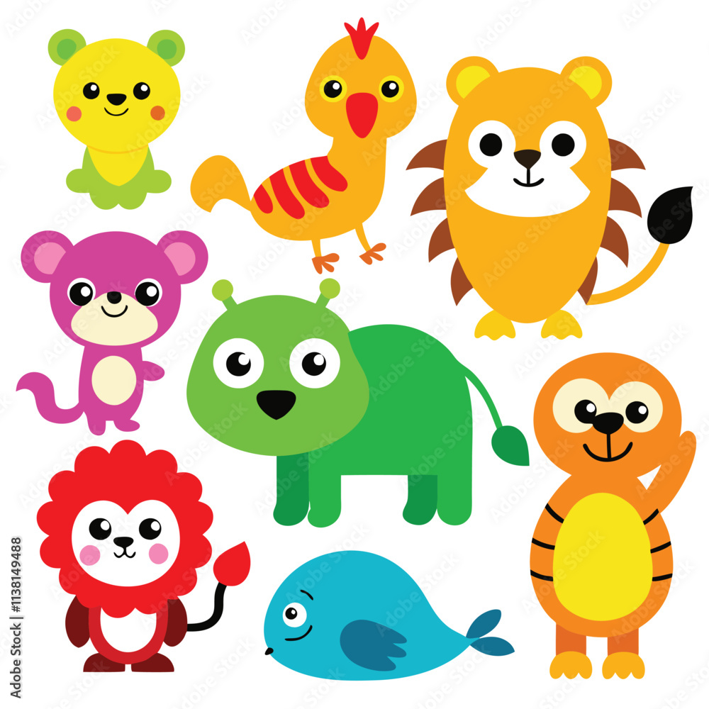 A colorful collection of various cartoon animals A colorful collection of various cartoon animals