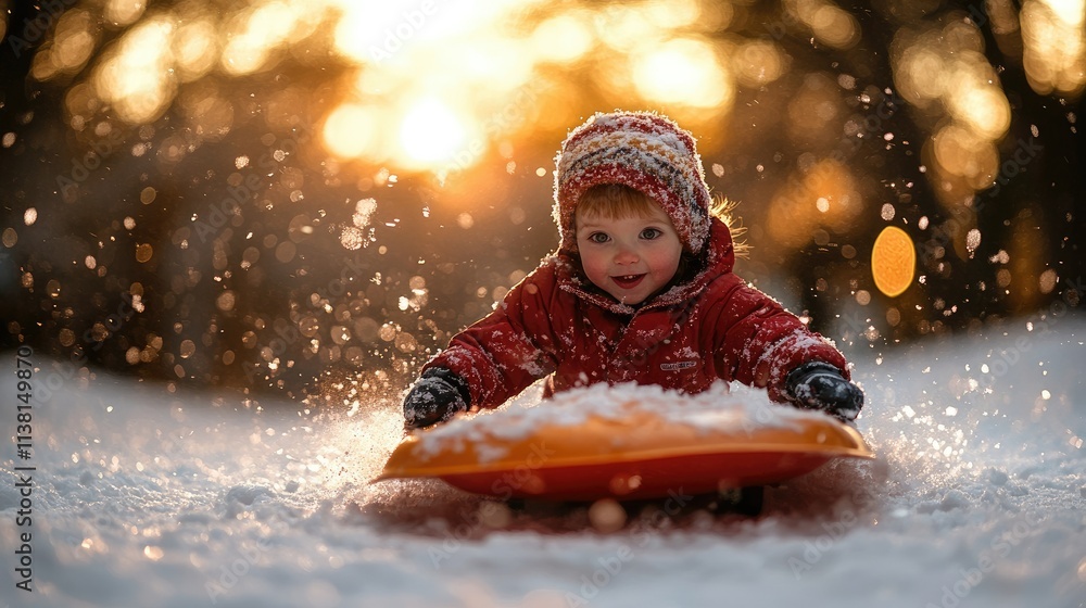 Child sledding in snow at golden hour. Child sledding in snow at golden hour.