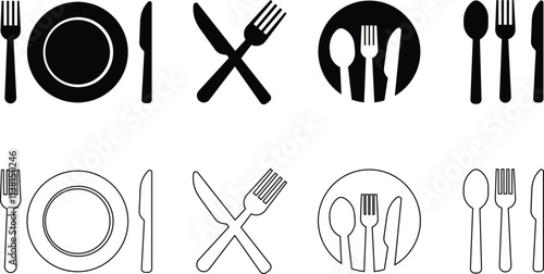 Kitchen fork and spoon set, knife with plate vector icon. Symbol of flatware isolated on transparent background. Utensil for eat. Logo for restaurant, cafe, hotel menu, place setting , graphic design.