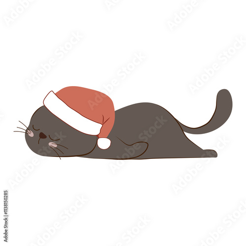vector, illustration  of a cat with Christmas hat sleeping  