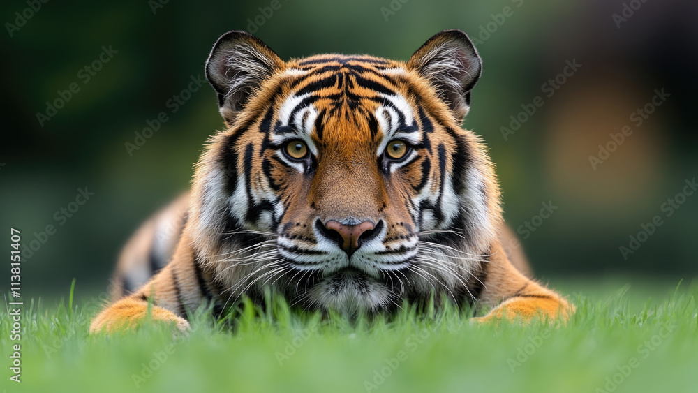 Fototapeta premium Majestic Tiger Lying Low in Grass, Intense Eyes Fixed Forward