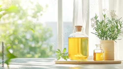 Spa retreat oils concept. Glass bottles with yellow oil and herbs in a bright, natural setting.