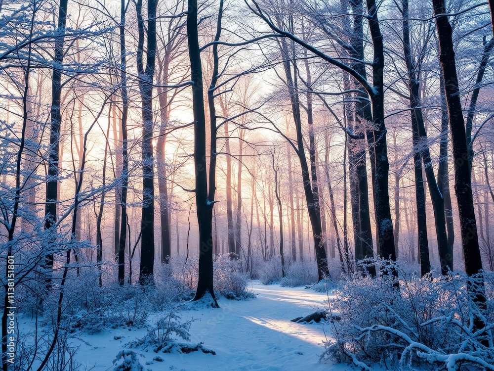 Enchanted winter forest with glimmering snow and frost-covered trees under a clear blue sky, forest, nature, trees Enchanted winter forest with glimmering snow and frost-covered trees under a clear blue sky, forest, nature, trees