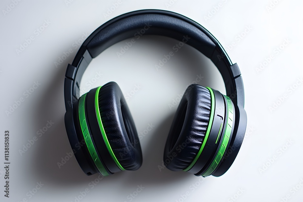 Black and Green Gaming Headphones Resting on White Surface Black and Green Gaming Headphones Resting on White Surface