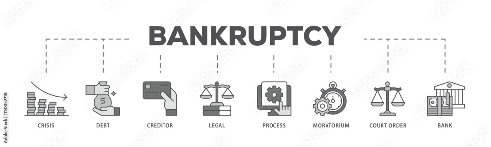 Bankruptcy infographic icon flow process which consists of bank ,court order, legal, moratorium, process, creditor, debt, crisis icon live stroke and easy to edit . Bankruptcy infographic icon flow process which consists of bank ,court order, legal, moratorium, process, creditor, debt, crisis icon live stroke and easy to edit .