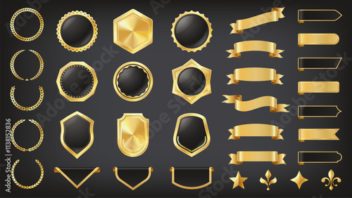 Luxury golden labels elements. Premium quality gold badges stickers, vintage metal award seal icons for certificate, best choice emblem. Vector collection