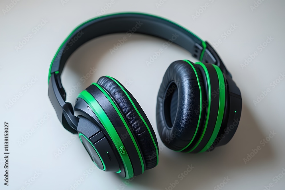 Green and Black Headphones Resting on a White Surface Green and Black Headphones Resting on a White Surface