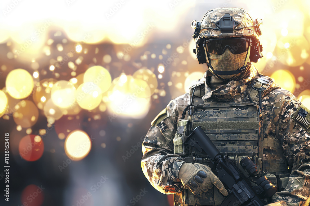 U.S. soldier in camouflage uniform stands confidently with weapon, showcasing strength and readiness. background features bokeh effect, adding dramatic touch U.S. soldier in camouflage uniform stands confidently with weapon, showcasing strength and readiness. background features bokeh effect, adding dramatic touch