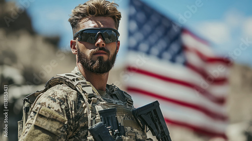 United States soldier stands confidently with weapon, showcasing military gear against backdrop of American flag. scene conveys strength and patriotism