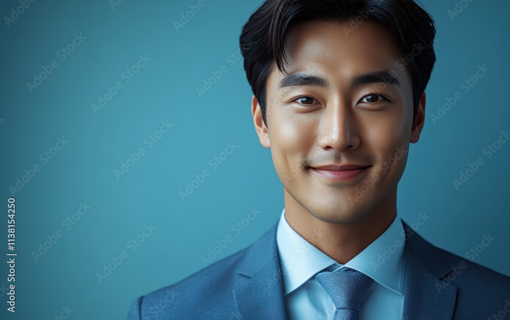Asian man with a smile on his face is wearing a suit and a shirt in studio color background Asian man with a smile on his face is wearing a suit and a shirt in studio color background
