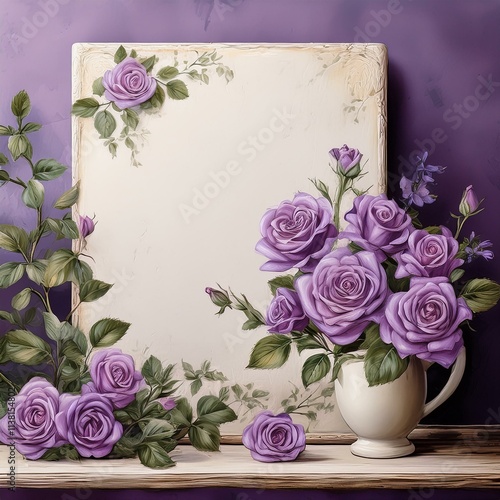 Ready to use social media post fantasy lovely romantic frames painting, surrounded by beautiful  purple violet rose flowers