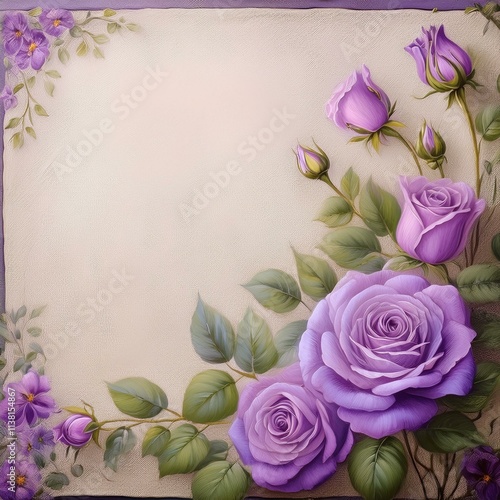 Ready to use social media post fantasy lovely romantic frames painting, surrounded by beautiful  purple violet rose flowers
