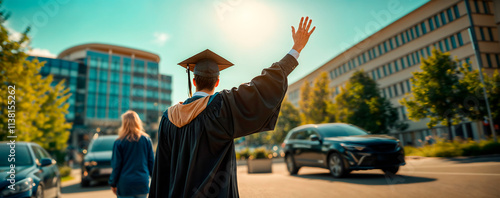 Young student in graduation clothes outside university waving as parents leave them on the first day