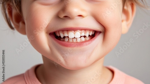 A toddler smiling, showing their baby teeth.