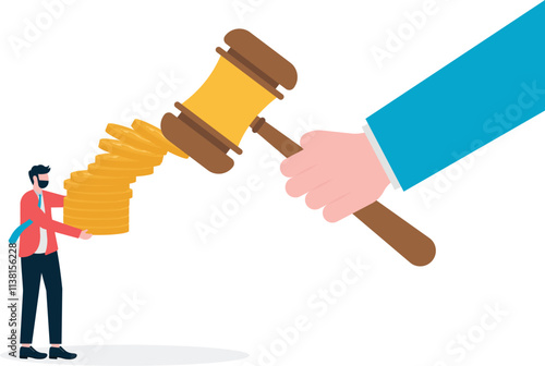 Hand hold hammer law punch the coins stack metaphor of fight against bribery. Business flat vector concept illustration.
