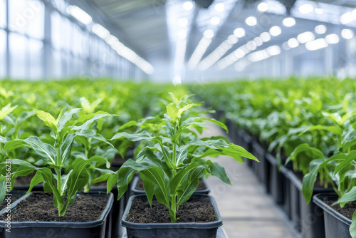 Greenhouse with rows of healthy plants growing in pots, showcasing vibrant leaves and rich soil. bright, airy environment promotes growth and vitality