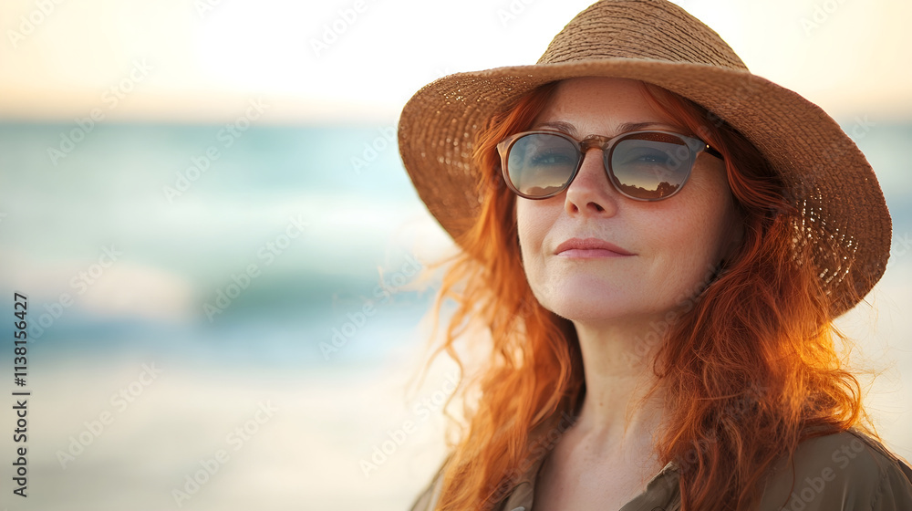 Close-Up Portrait of Redhead Woman in Elegance Hat on Stunning Ocean Sunset, Capturing Tranquility and Style. Travel, Lifestyle, and Nature Campaigns, Golden Hour Close-Up Portrait of Redhead Woman in Elegance Hat on Stunning Ocean Sunset, Capturing Tranquility and Style. Travel, Lifestyle, and Nature Campaigns, Golden Hour