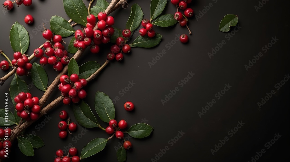 Fototapeta premium Coffee branches with ripe fruits on dark textured background, space for text.