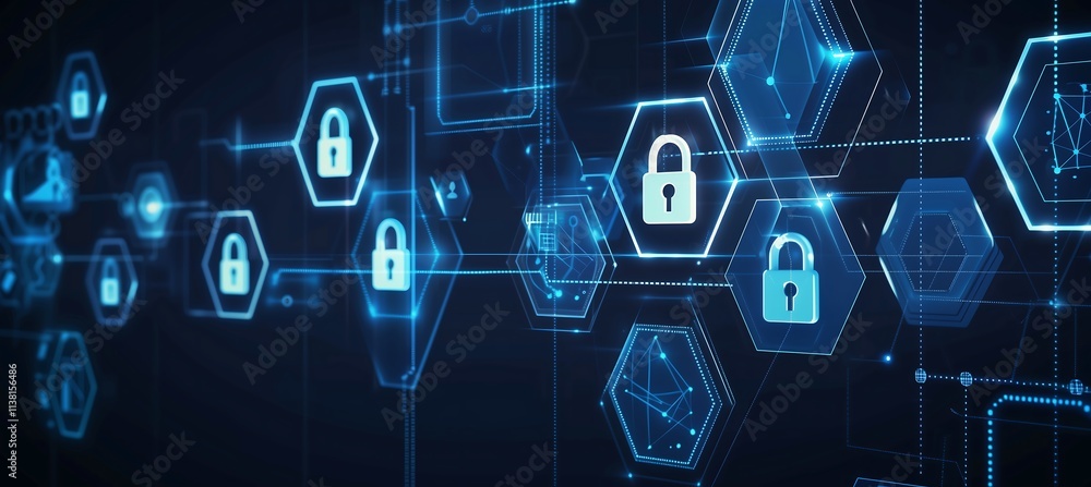 Cutting-Edge Cyber Protection Design: The Intersection of Technology and Trust Through Blue Hexagons and Lock Symbols on a Futuristic Canvas, Cutting-Edge Cyber Protection Design: The Intersection of Technology and Trust Through Blue Hexagons and Lock Symbols on a Futuristic Canvas,