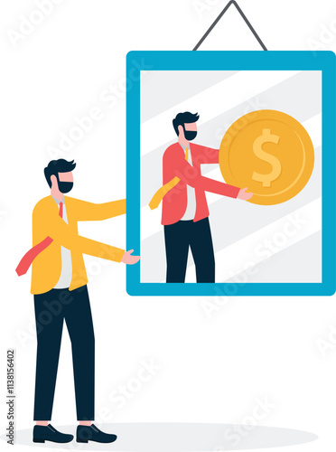 Business flat vector concept man stand and see winner shadow on frame metaphor of self taught and trust. Illustration For Wallpaper, Banner, Background, Infographic, Book, And Web Landing Page.
