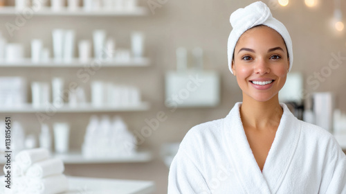 Smiling Woman in a Spa Robe With a Towel on Her Head Stands in a Serene Wellness Center Surrounded by Skincare Products and Soft Lighting