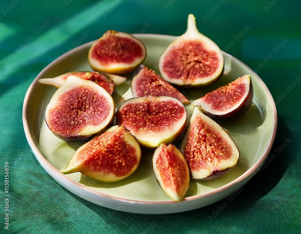 A plate of sliced figs on the table, styled in light red and emerald, with caffenol developing, dark white and light white, raw, unpolished, and fairycore vibes, with rounded edges. A plate of sliced figs on the table, styled in light red and emerald, with caffenol developing, dark white and light white, raw, unpolished, and fairycore vibes, with rounded edges.