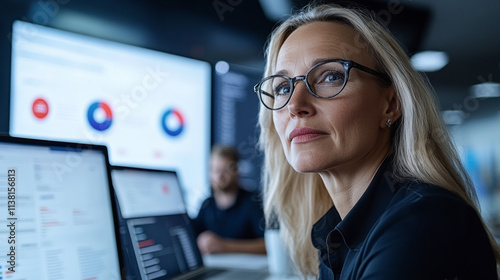 Professional Woman Analyzing Data on Multiple Screens in a Modern Office Environment During Daytime Hours