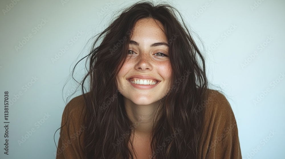 Smiling Young Woman With Long Dark Hair Wearing a Brown Sweater Against a Neutral Background at Home During Daytime Smiling Young Woman With Long Dark Hair Wearing a Brown Sweater Against a Neutral Background at Home During Daytime
