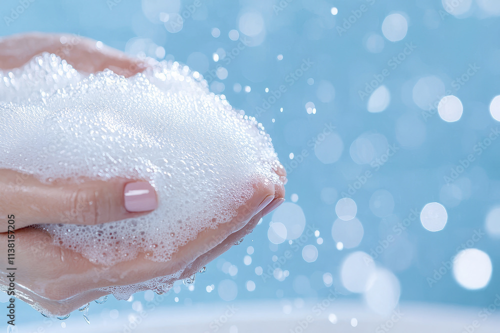 Soft bubbles in hands create serene atmosphere, evoking feelings of relaxation and cleanliness. gentle blue background enhances calming effect of image Soft bubbles in hands create serene atmosphere, evoking feelings of relaxation and cleanliness. gentle blue background enhances calming effect of image