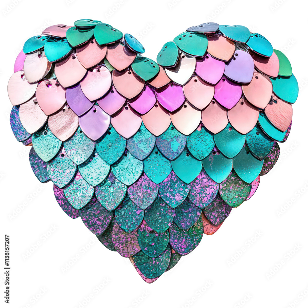 heart shape made of iridescent sequins in pastel colors isolated on transparent background