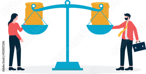 Man and woman on coins stack and work papers beside scales of justice metaphor of gender equality and discrimination.

