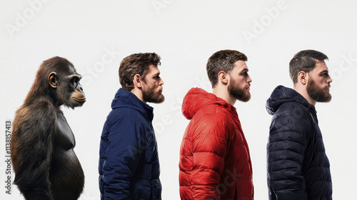 Evolution of humans depicted through series of figures, showcasing gorilla transitioning to modern men in jackets, highlighting journey of human evolution