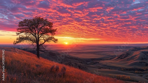 Majestic Sunset Over Rolling Hills with Lone Tree Silhouette