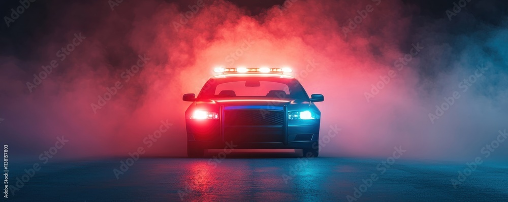 A police car with flashing lights emerges from dense smoke, creating a dramatic and intense atmosphere. A police car with flashing lights emerges from dense smoke, creating a dramatic and intense atmosphere.