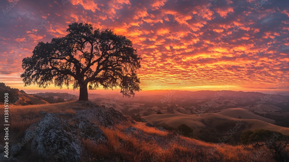 Majestic Oak Tree Silhouetted Against Vibrant Sunset Sky Majestic Oak Tree Silhouetted Against Vibrant Sunset Sky
