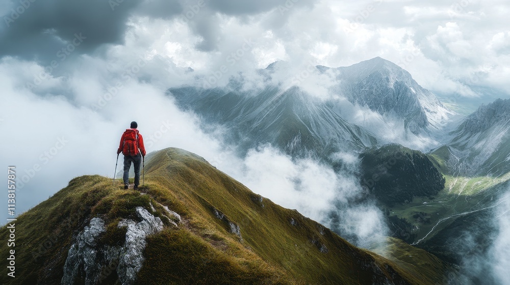 Majestic Mountain Landscape with Adventurous Hiker Majestic Mountain Landscape with Adventurous Hiker