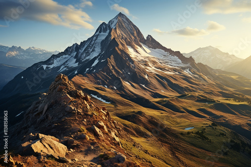 sunset in the mountains with snow covered top photo