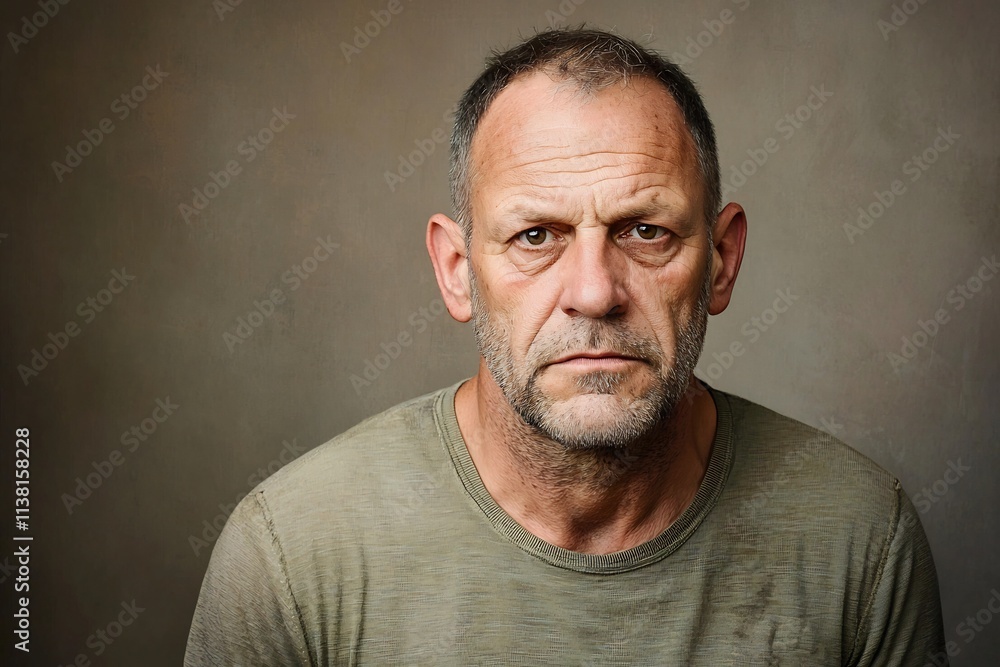 Dramatic Portrait of a Weathered Intense Gazed Middle Aged Man in Oil Painting Style Dramatic Portrait of a Weathered Intense Gazed Middle Aged Man in Oil Painting Style