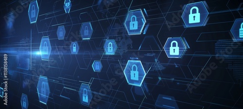 Tech-Savvy Blue Hexagons: Embodying Digital Security in Modern Business, 現代ビジネスのデジタルセキュリティを体現する技術に精通した青い六角形.Generative AI photo