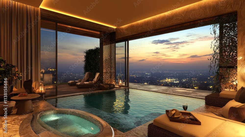Fototapeta premium An exclusive hotel room offers a stay of pure extravagance, featuring a private pool, lavish decor, and stunning panoramic views