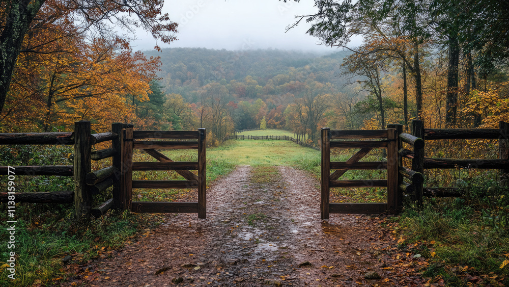 Rustic Wooden Gate Opening to a Foggy Autumn Landscape Rustic Wooden Gate Opening to a Foggy Autumn Landscape